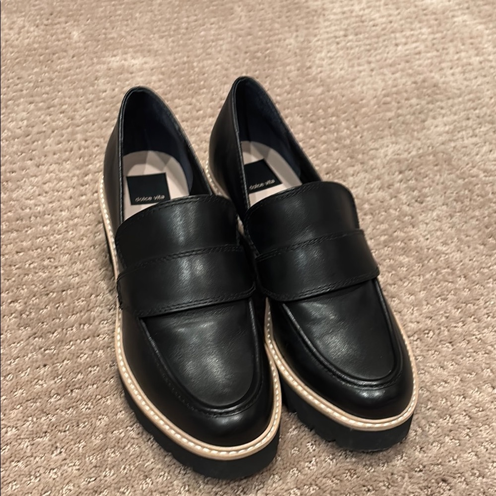 Dolce Vita Black Leather Penny Loafers with Tan Trim